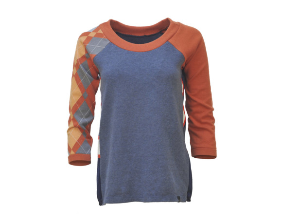 (SOLD) Orange and blue 3/4 sleeve argyle soft raglan sweater with mesh side panels. Size small.